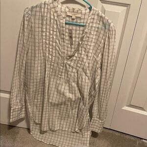 LOFT Checkered Long Sleeve Top in White and Gray metallic fibers
